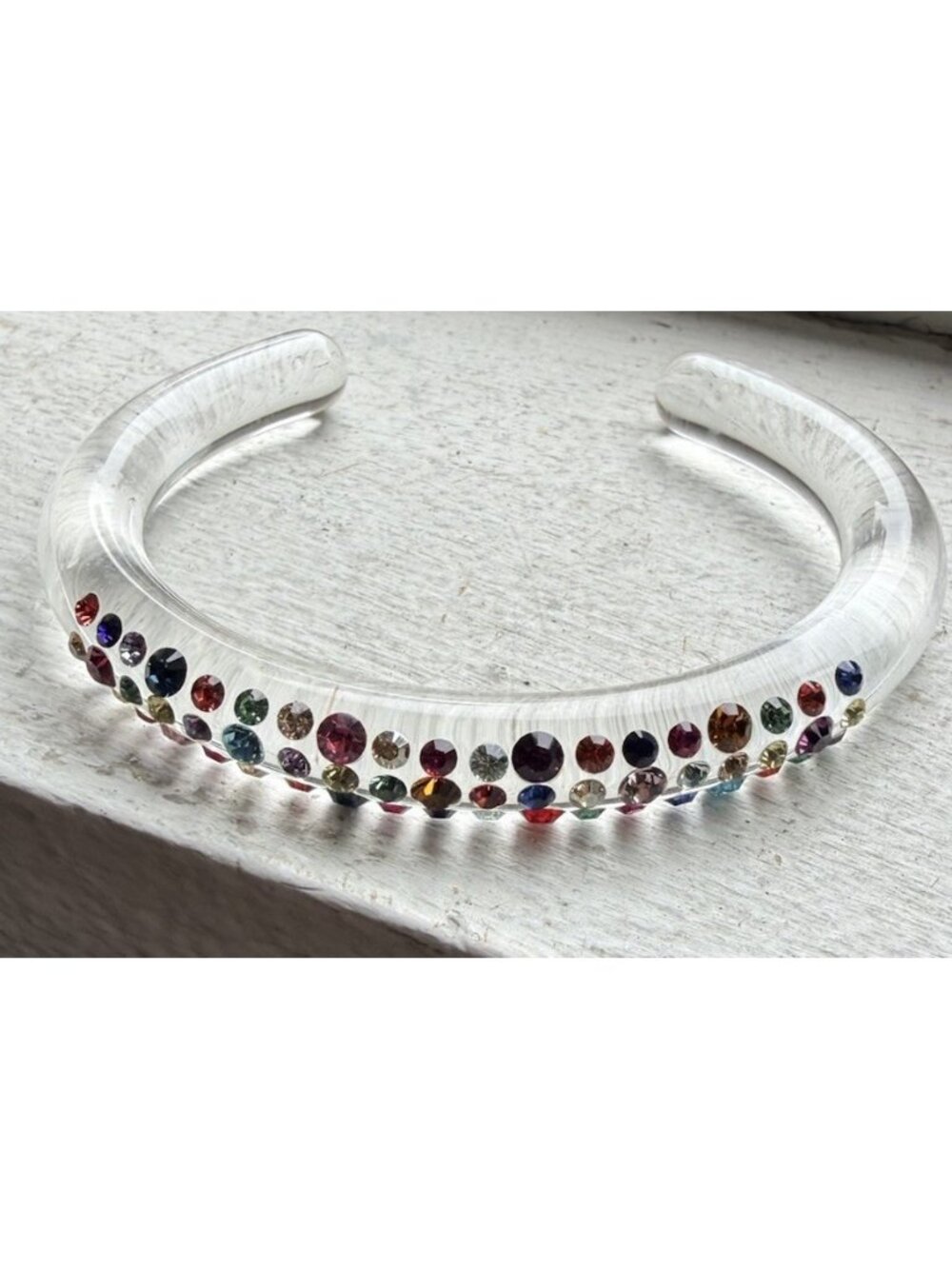 Vintage Clear Lucite Acrylic Cuff Bracelet Multicolor Embedded Rhinestones